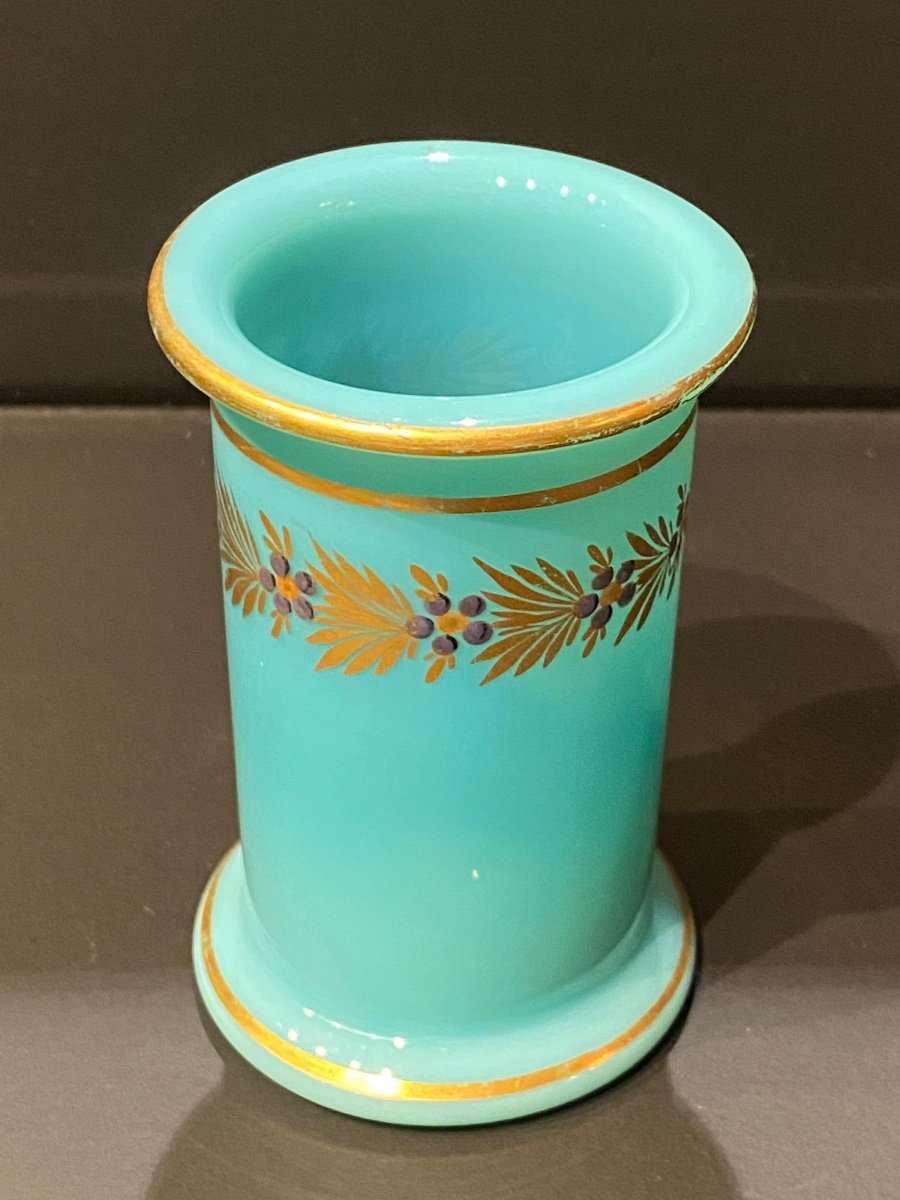 Rare Vase En Opaline Bleu Turquoise Forme Rouleau Décor  Desvignes XIXeme  époque Charles X.-photo-1