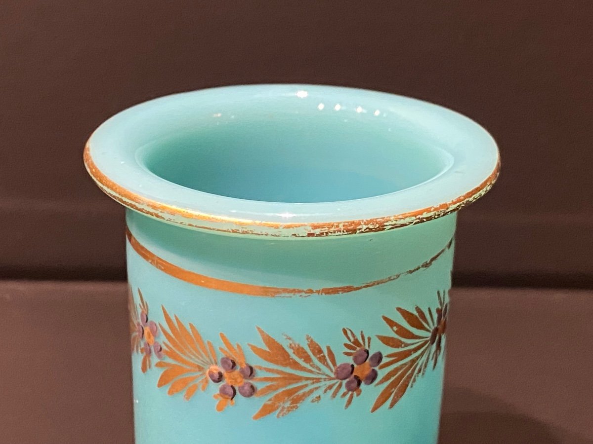 Rare Vase En Opaline Bleu Turquoise Forme Rouleau Décor  Desvignes XIXeme  époque Charles X.-photo-4