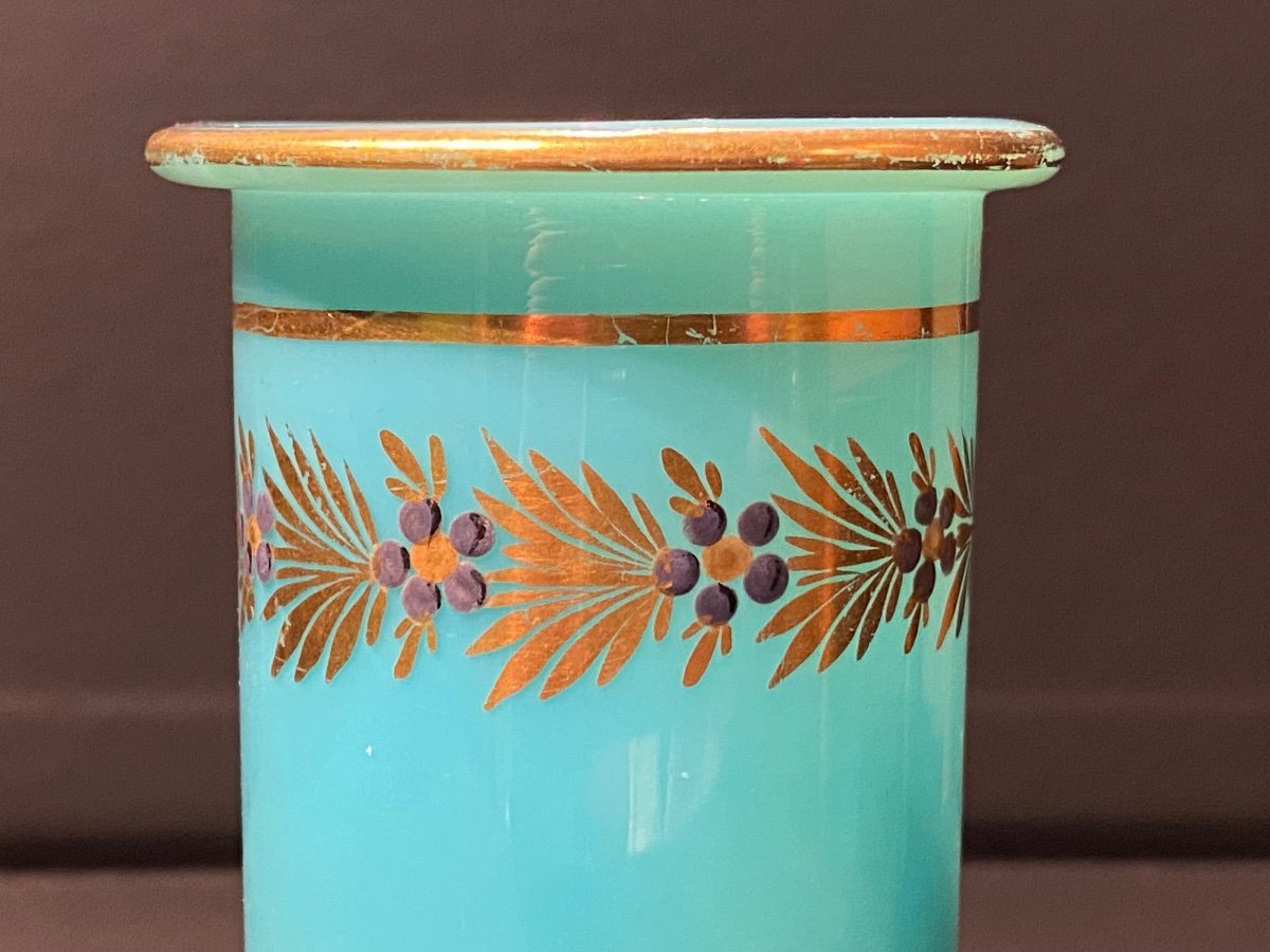 Rare Vase En Opaline Bleu Turquoise Forme Rouleau Décor  Desvignes XIXeme  époque Charles X.-photo-5