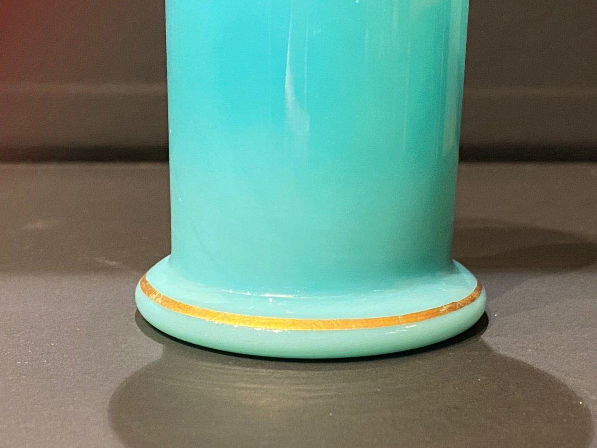 Rare Vase En Opaline Bleu Turquoise Forme Rouleau Décor  Desvignes XIXeme  époque Charles X.-photo-6