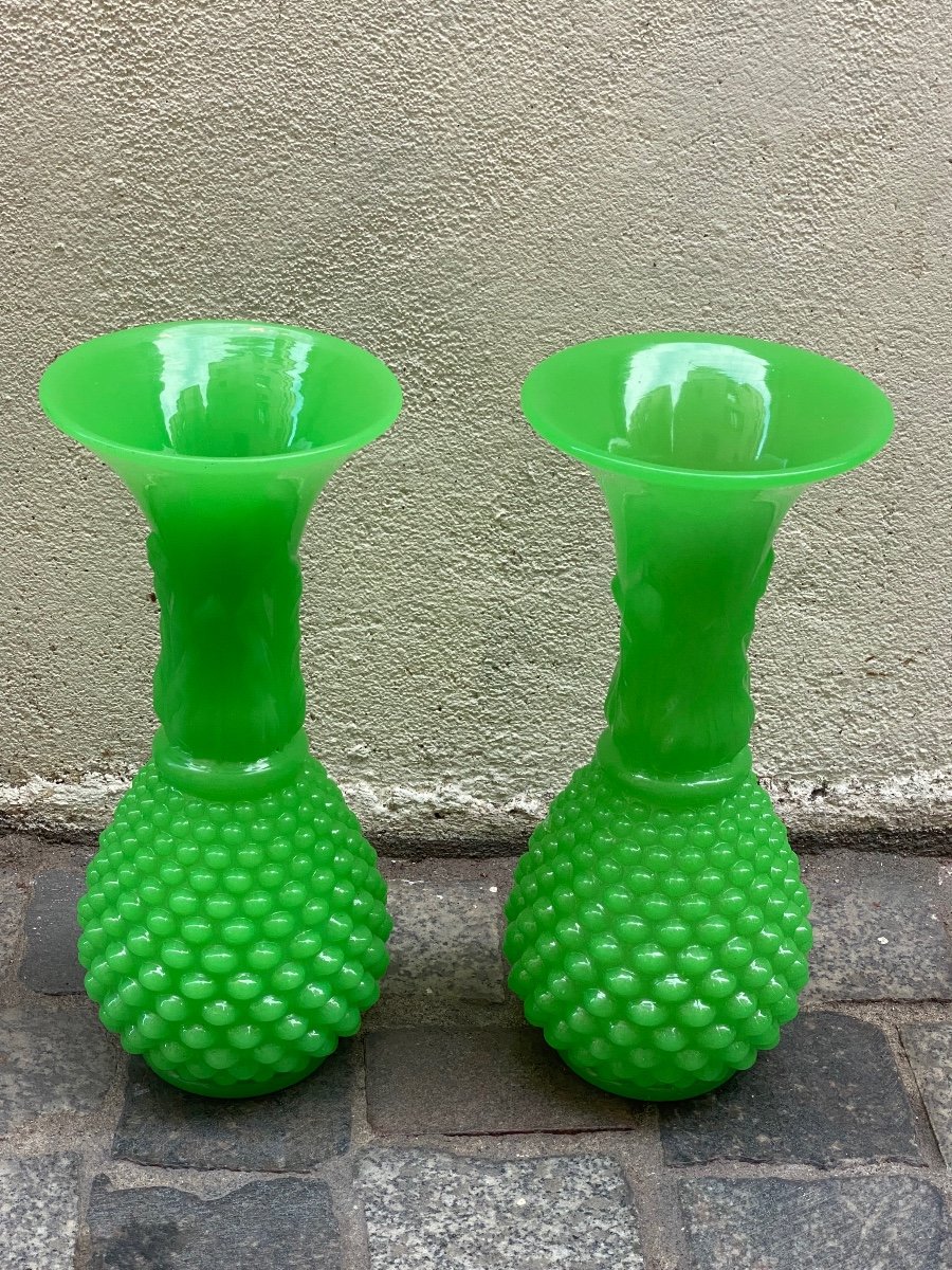 Paire De Vases Modèle Ananas En Opaline Vert Manufacture De Baccarat Milieu XIXeme Napoléon II -photo-2