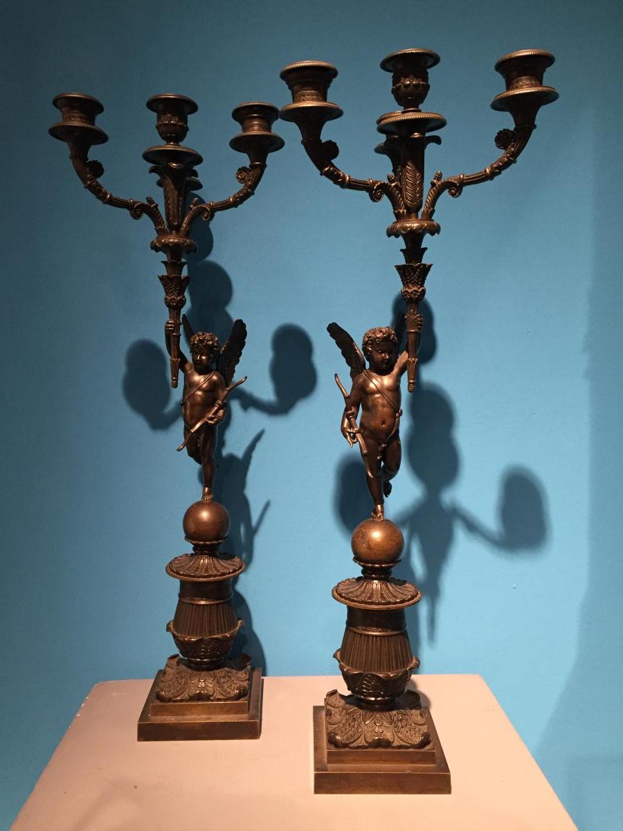 Pair Of Bronze Candelabra Chiseled Patinated XIXth Charles X.