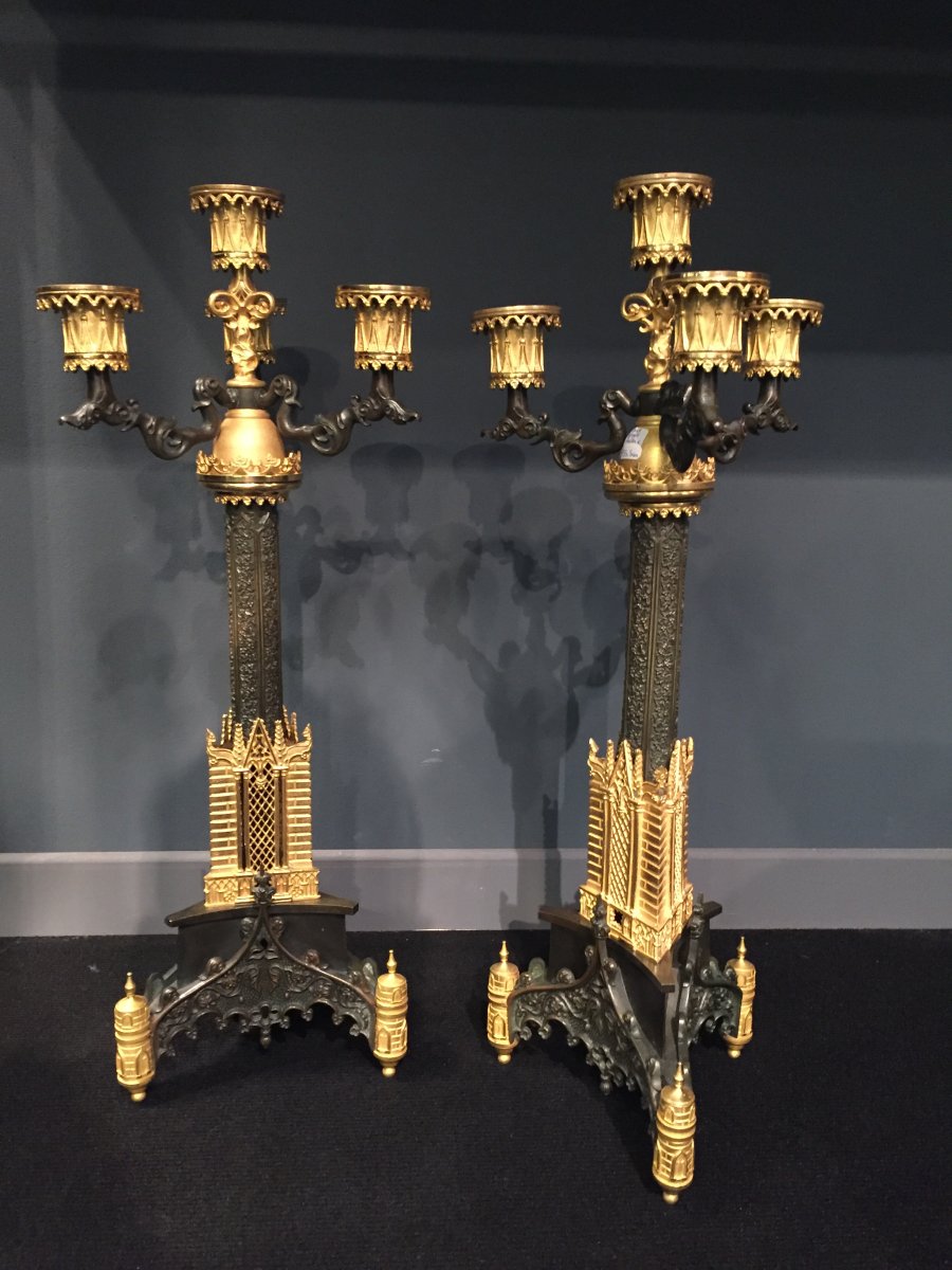 Pair Of Candelabra In Bronze Chiseled Gilt And Patinated Cathedral Decor XIXth Charles X.-photo-2