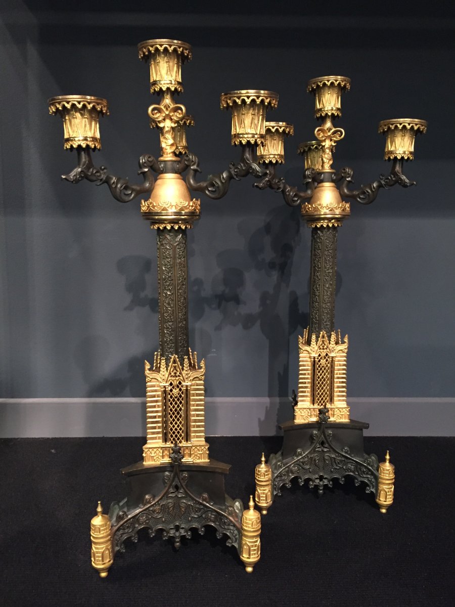 Pair Of Candelabra In Bronze Chiseled Gilt And Patinated Cathedral Decor XIXth Charles X.-photo-4