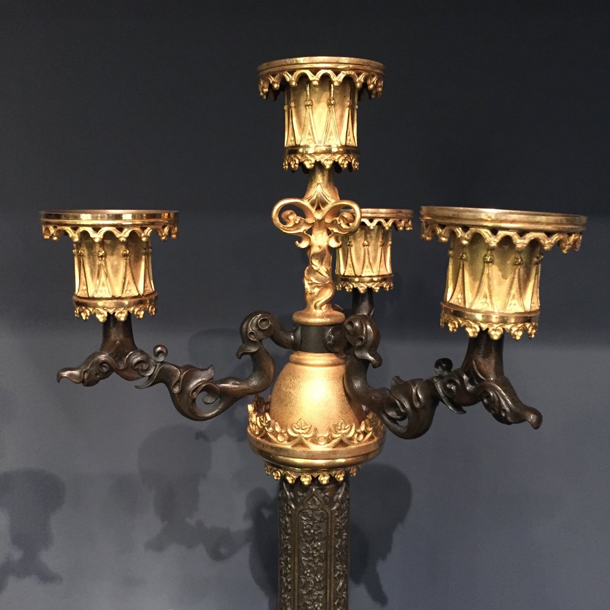 Pair Of Candelabra In Bronze Chiseled Gilt And Patinated Cathedral Decor XIXth Charles X.-photo-1