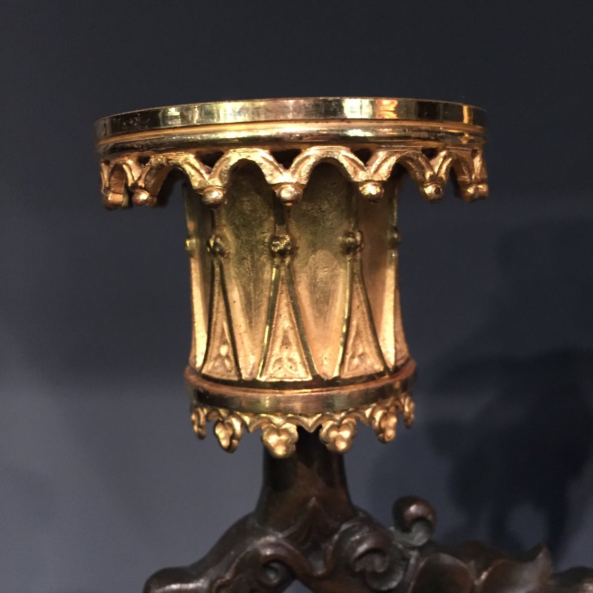 Pair Of Candelabra In Bronze Chiseled Gilt And Patinated Cathedral Decor XIXth Charles X.-photo-2