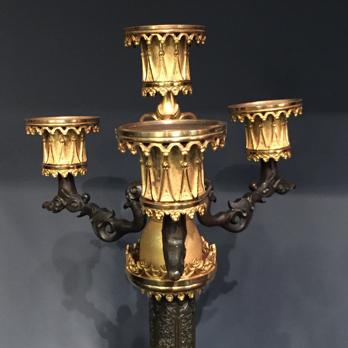 Pair Of Candelabra In Bronze Chiseled Gilt And Patinated Cathedral Decor XIXth Charles X.-photo-3