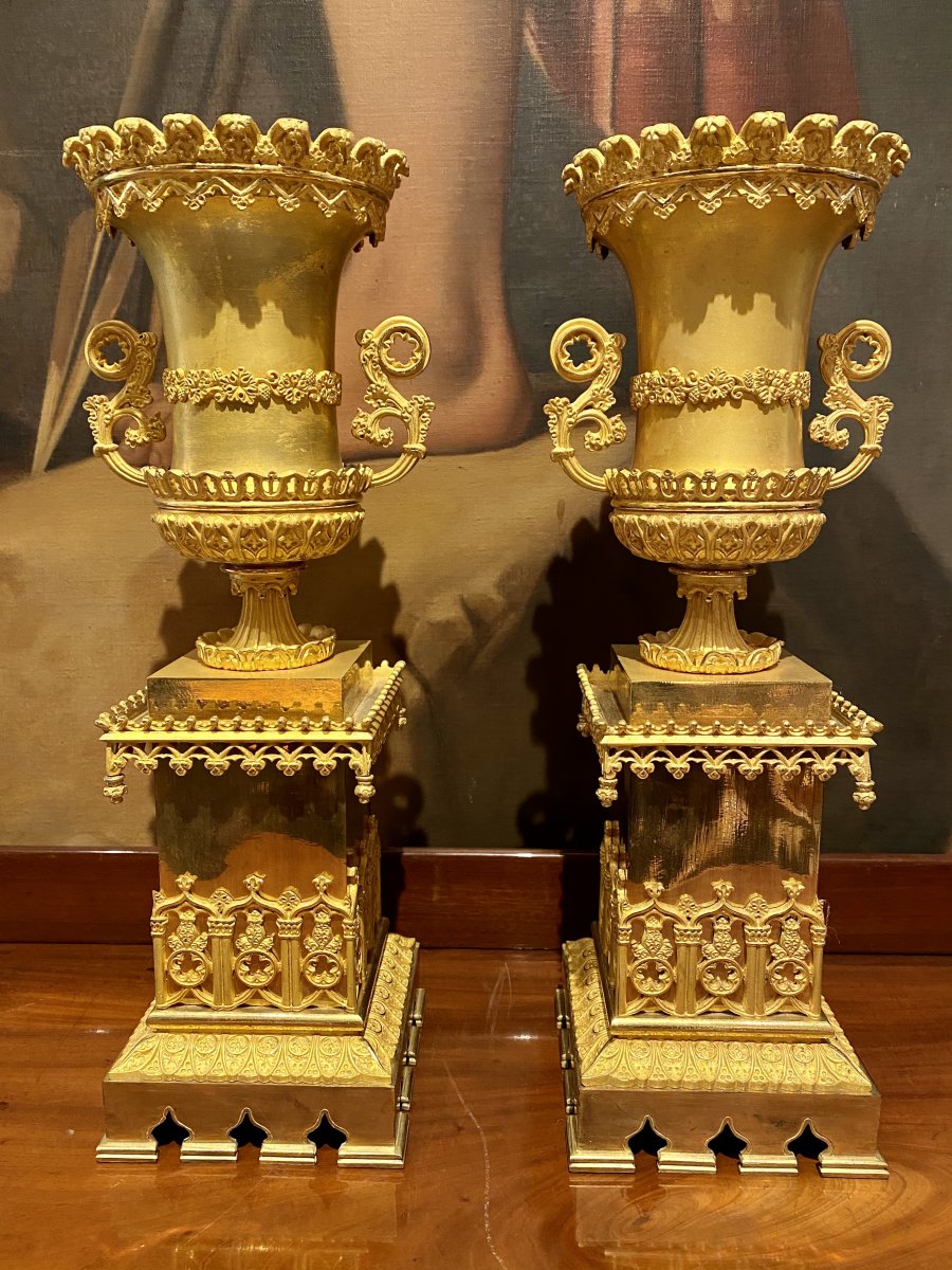 Pair Of Vases In Gilded Chiseled Bronze Cathedral Decor XIXth Charles X Period.