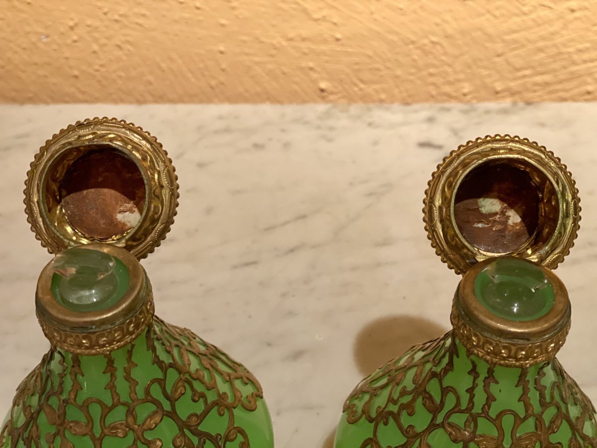 Important Pair Of Flasks In Green Opaline Mounted Gilt Bronze XIXth Napoleon III.-photo-3