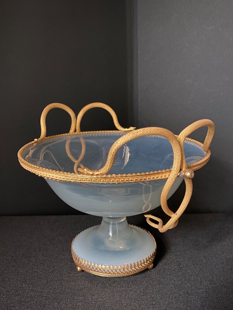 Rare Coupe Baguier En Opaline Savonneuse  Montée Bronze XIXeme époque Charles X.-photo-1