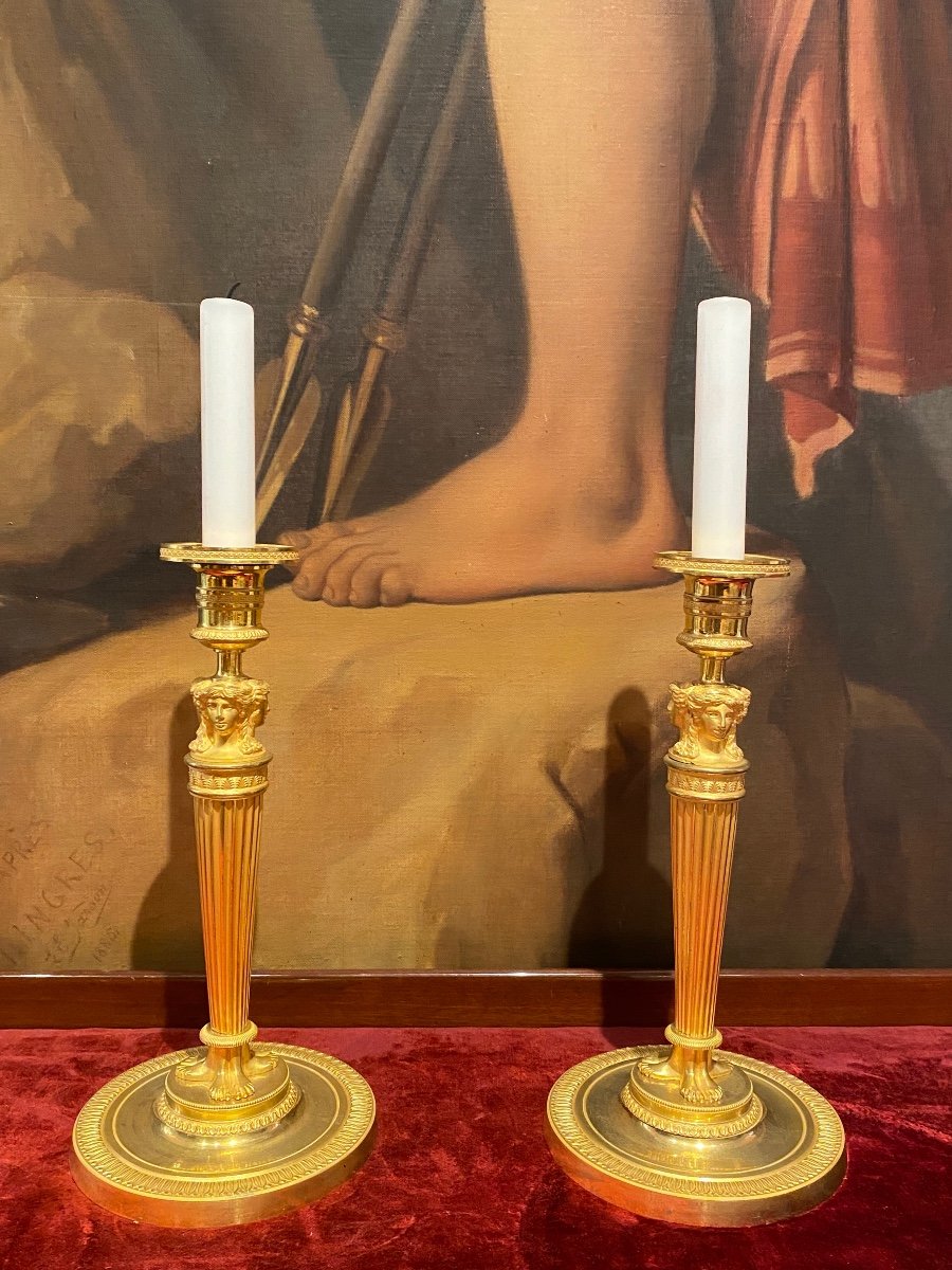 Beautiful Pair Of Gilt Bronze Candlesticks Decorated With Caryatids XIXth 1st Empire Period.