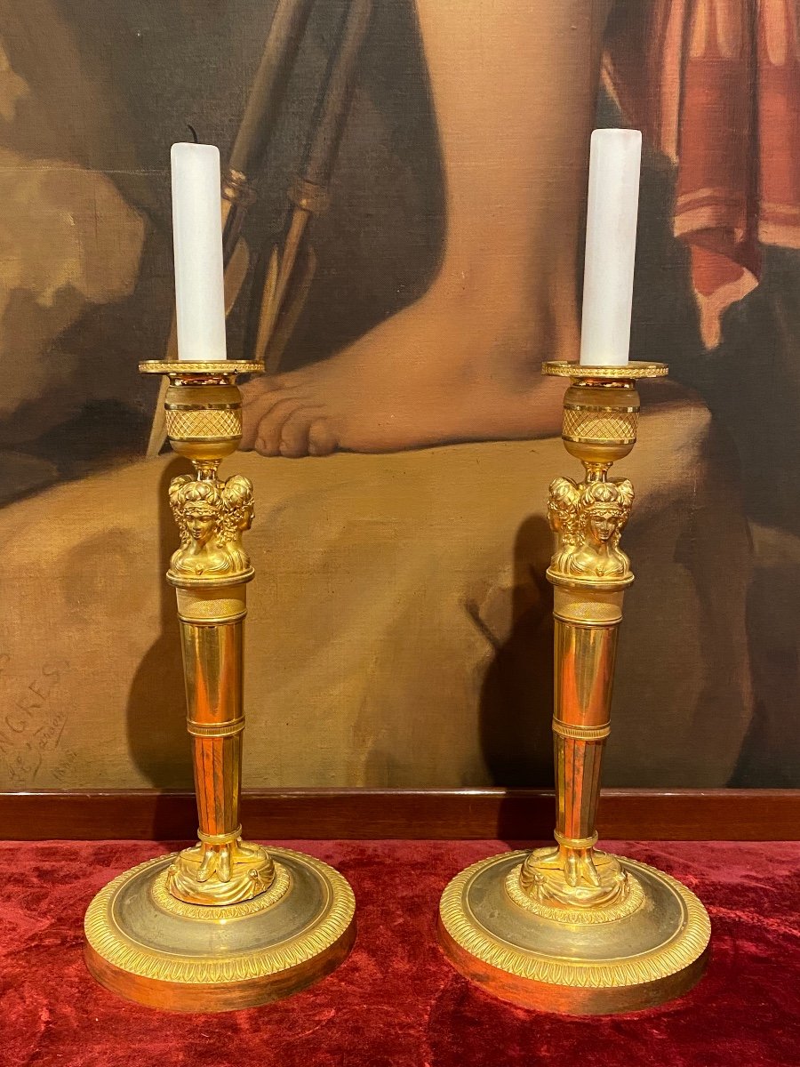 Beautiful Pair Of Gilt Bronze Candlesticks Decorated With Women's Heads XIXth Empire Period.