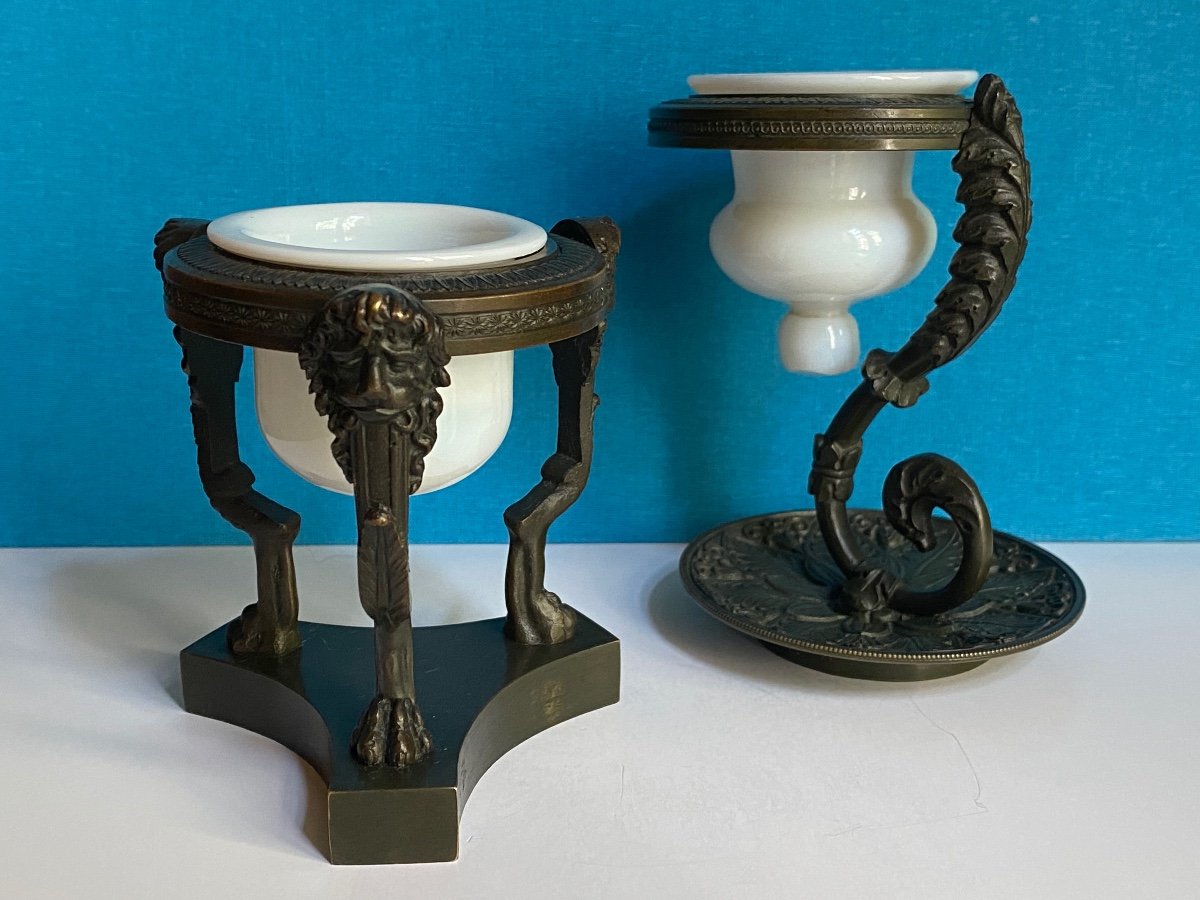 Collection Of Two Neoclassical Night Lights In Chiselled Bronze Patinated XIXth Charles X Period.