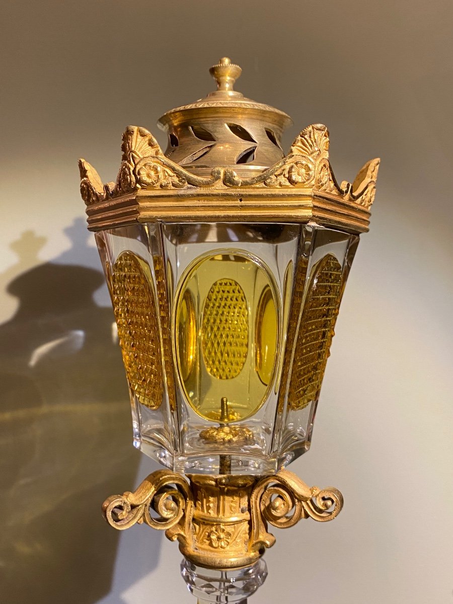 Important et rare Brûle Parfum En Bronze Doré Marbre Et Cristal Bicolore XIXeme Circa 1830.-photo-2