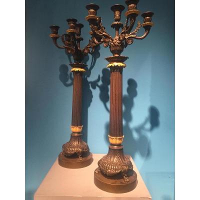Important Pair Of Bronze Candelabra Chiseled Gilt And Patinated XIXth Empire.