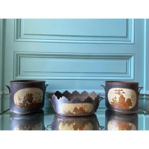 Rare Suite Of Three Painted Tin Cooler, Chinese Decor XVIIIth Louis XVI Period.