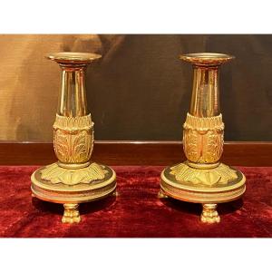 Pair Of Tripod Candlesticks In Gilded Bronze XIXth Charles X Period.