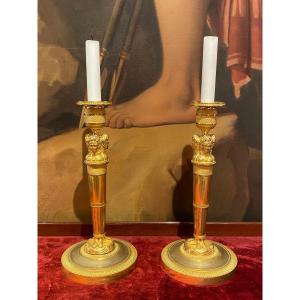 Beautiful Pair Of Gilt Bronze Candlesticks Decorated With Women's Heads XIXth Empire Period.
