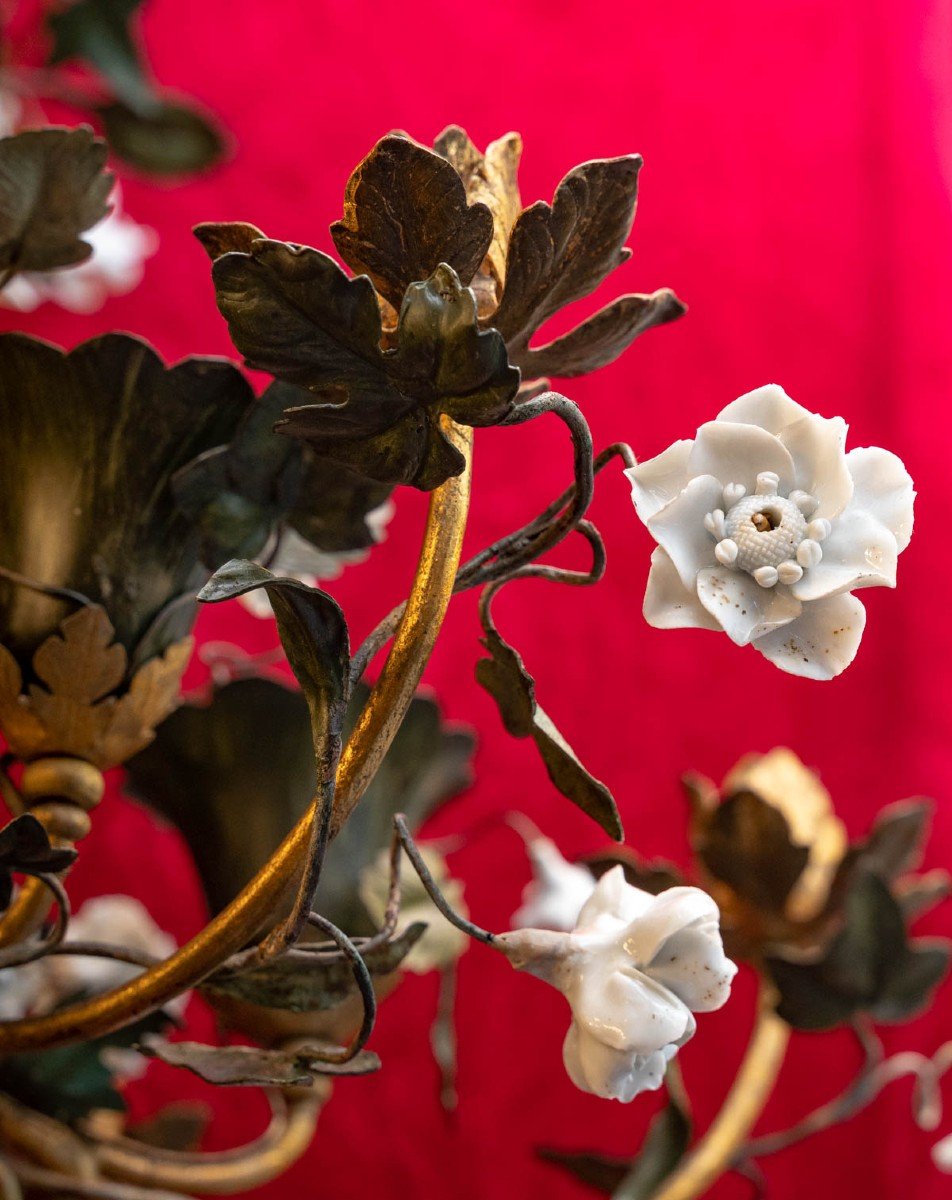 Pair Of Chandeliers In Sheet Metal, Iron And Porcelain - Madeleine Castaing-photo-3