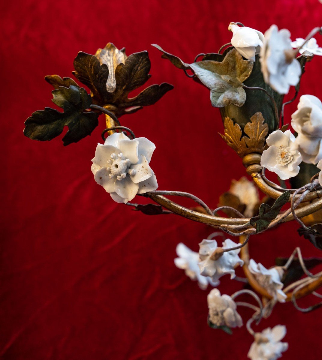 Pair Of Chandeliers In Sheet Metal, Iron And Porcelain - Madeleine Castaing-photo-2