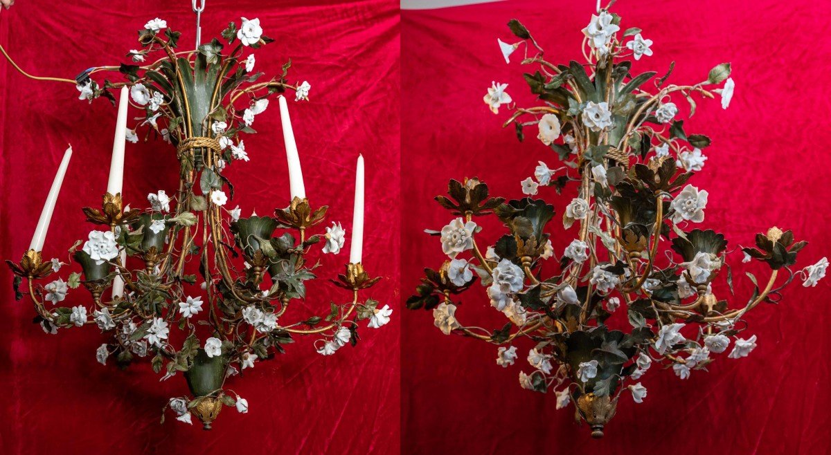 Pair Of Chandeliers In Sheet Metal, Iron And Porcelain - Madeleine Castaing