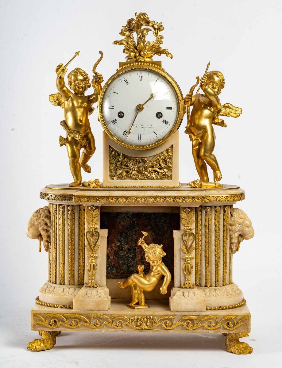 Pendule d'époque Louis XVI En Bronze Et Marbre Blanc 