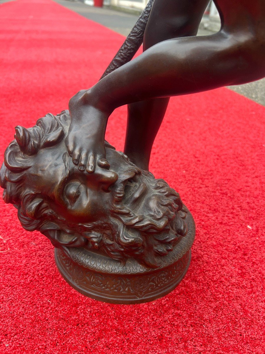 Mercié antonin. Statue Représantant David Et Goliath En Bronze Patine Brune -photo-3