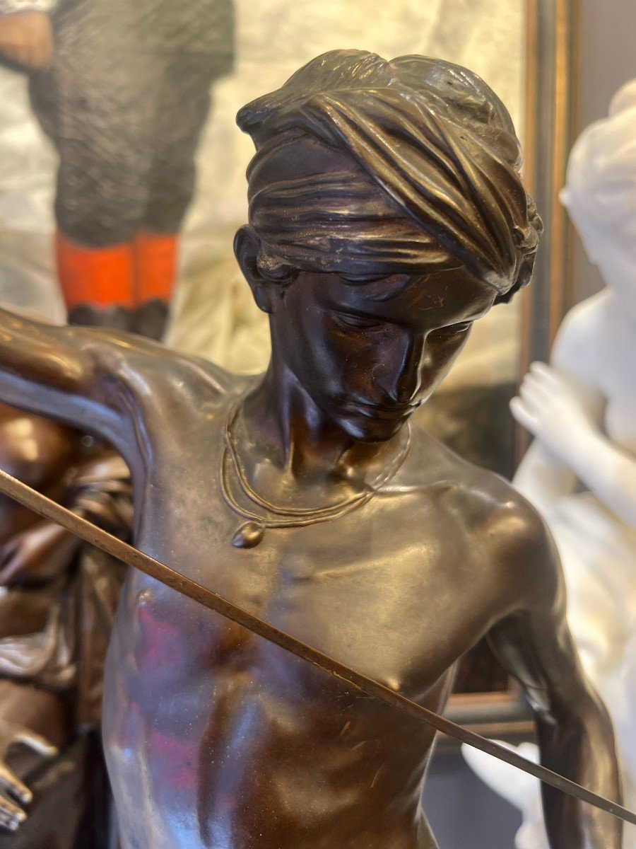 Mercié antonin. Statue Représantant David Et Goliath En Bronze Patine Brune -photo-4