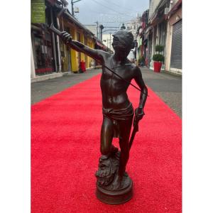 Statue Representing David And Goliath By Antonin Mercié In Bronze With Brown Patina