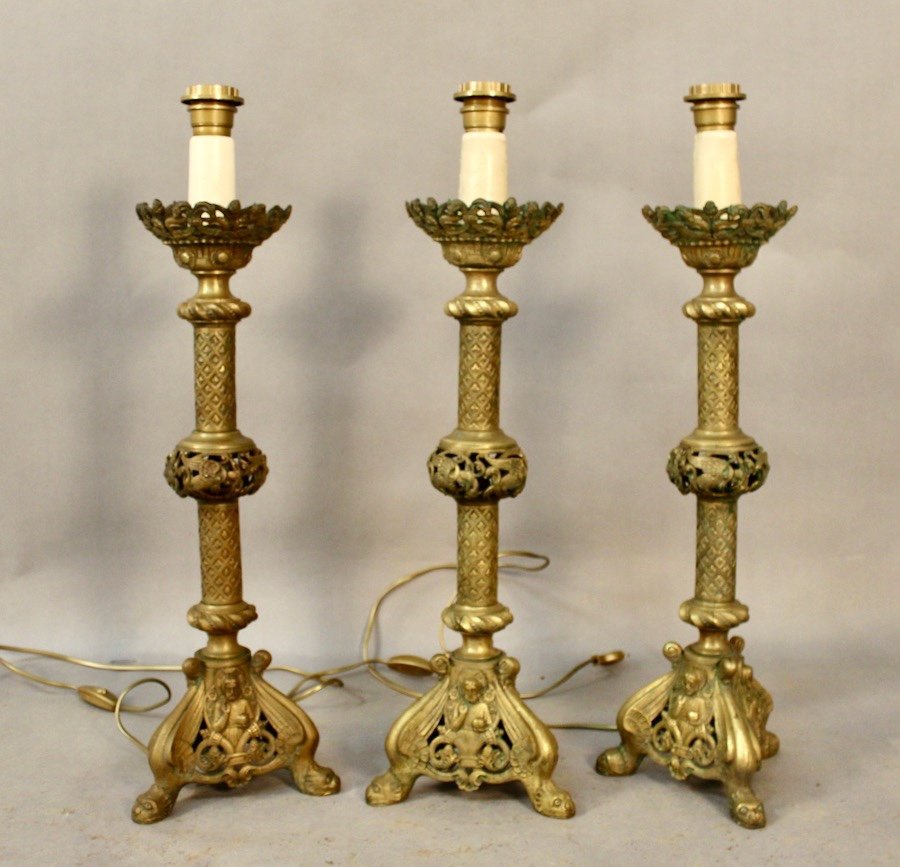 Suite Of 3 Candlesticks Mounted In Bronze Lamp-photo-1