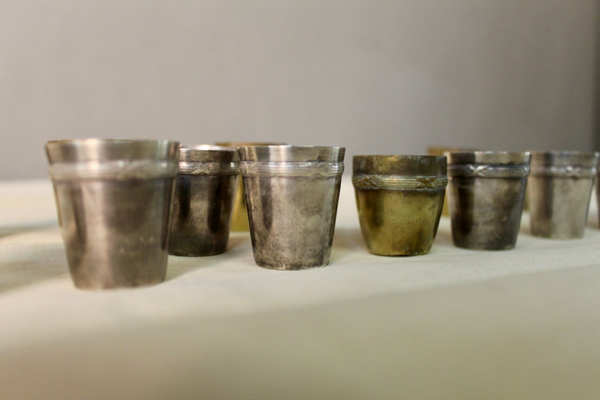 Set Of 17 Silver Metal And Brass Shot Glasses-photo-3