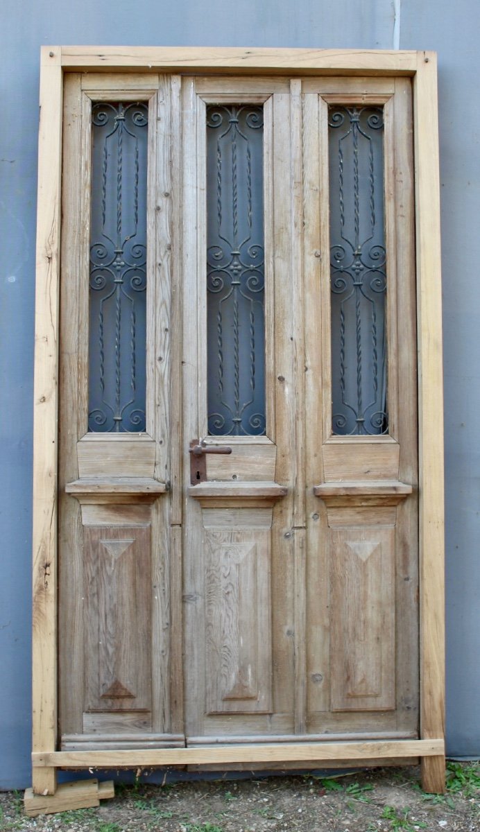 Spruce & Wrought Iron Entrance Door With 2 Leaves-photo-3