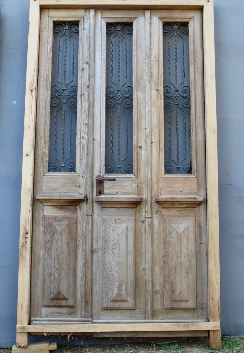 Spruce & Wrought Iron Entrance Door With 2 Leaves-photo-4