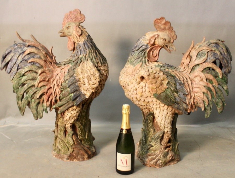 Pair Of Rooster In Polychrome Terracotta XVIIIth