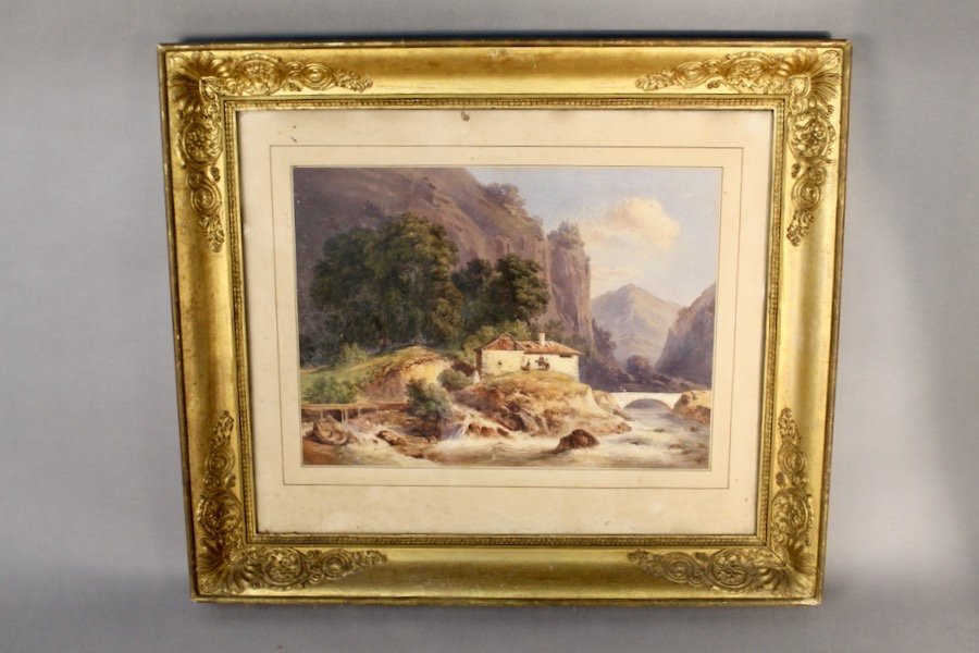 Mountain Landscape Engraving In 19th Century Golden Frame-photo-2