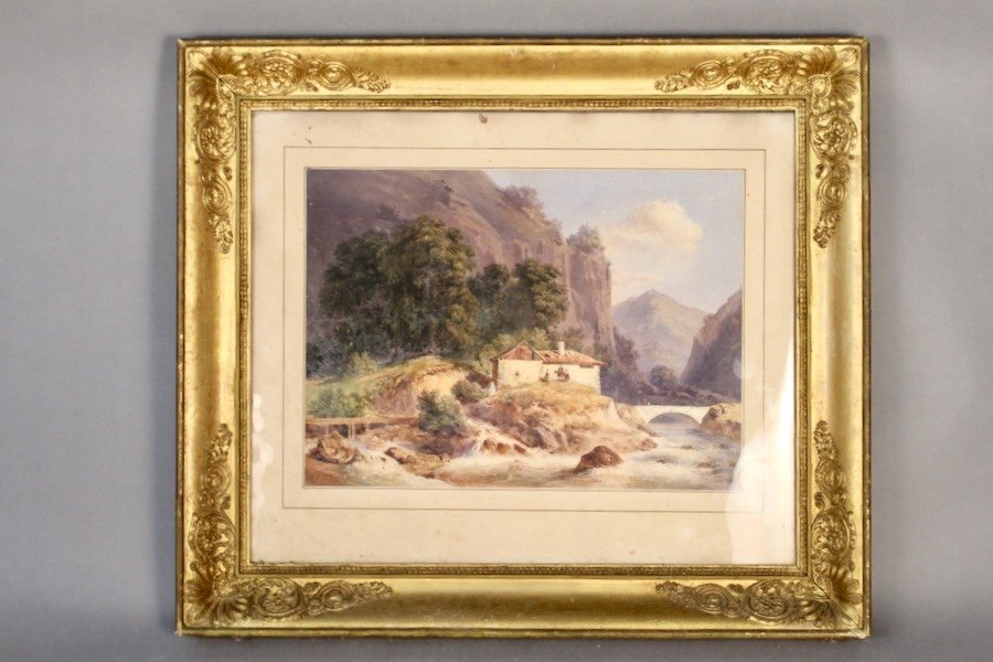 Mountain Landscape Engraving In 19th Century Golden Frame-photo-3