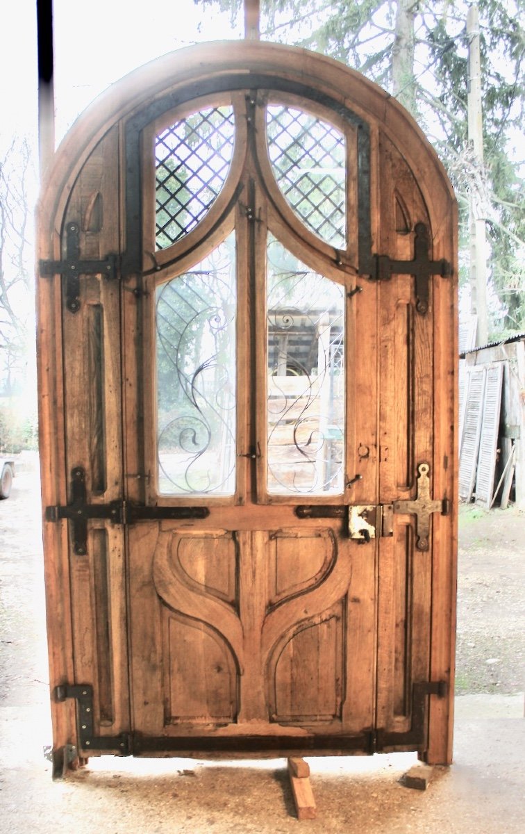 Grande Porte Cintrée Art Nouveau Chêne Et Fer Forgé-photo-2