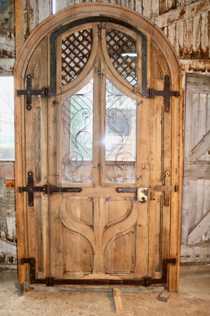 Grande Porte Cintrée Art Nouveau Chêne Et Fer Forgé-photo-4