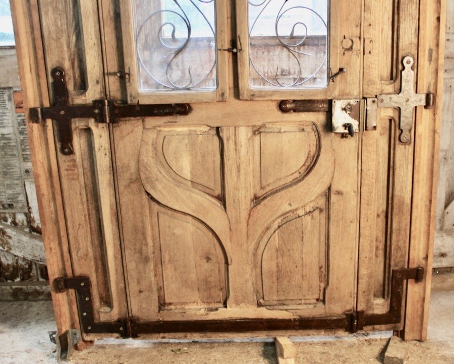 Grande Porte Cintrée Art Nouveau Chêne Et Fer Forgé-photo-2