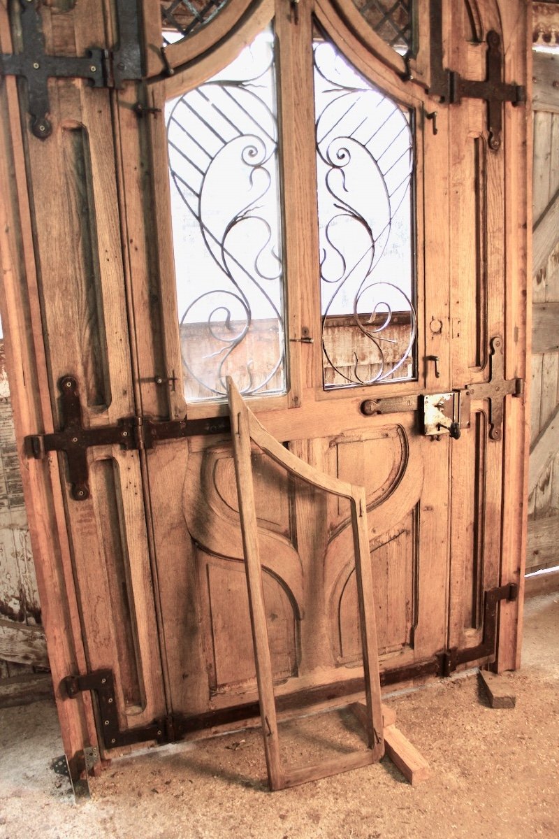 Grande Porte Cintrée Art Nouveau Chêne Et Fer Forgé-photo-3