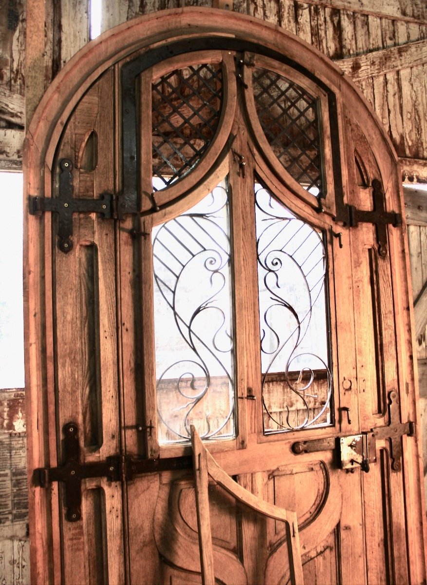 Grande Porte Cintrée Art Nouveau Chêne Et Fer Forgé-photo-7