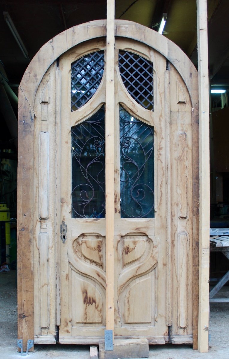 Grande Porte Cintrée Art Nouveau Chêne Et Fer Forgé-photo-8