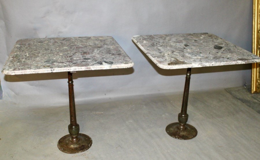 Pair Of Bistro Tables Cast Iron Base Marble Top -photo-2