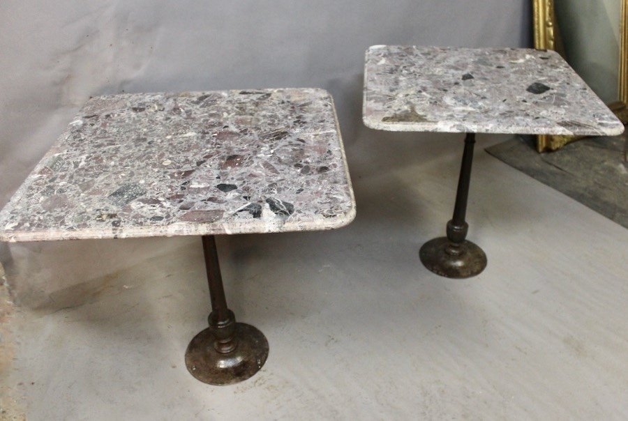 Pair Of Bistro Tables Cast Iron Base Marble Top 