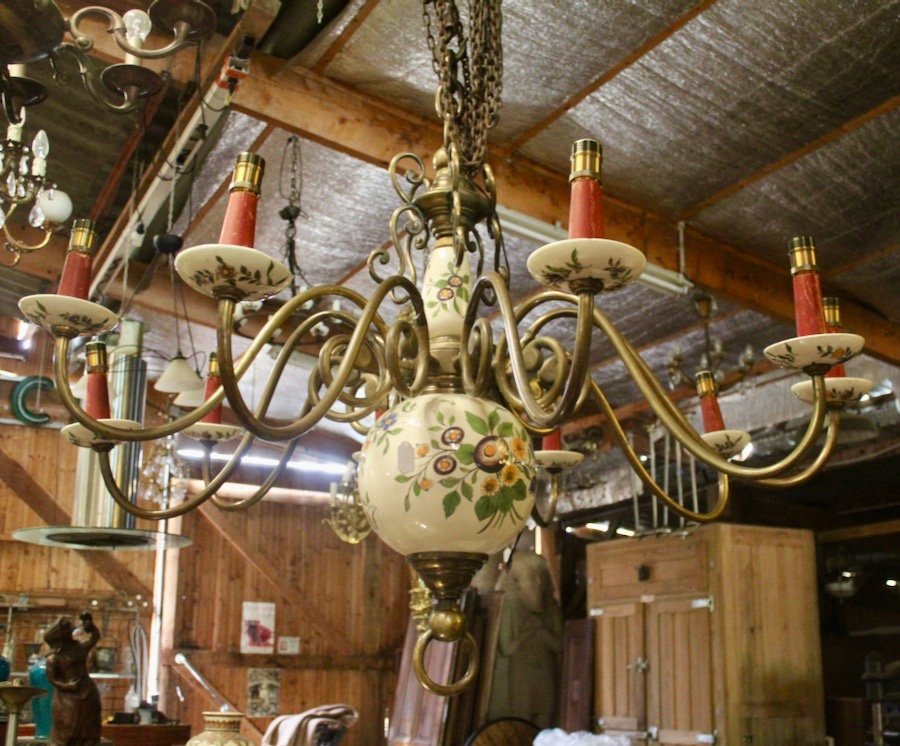 Important Dutch Chandelier In Bronze And Earthenware With 10 Arms Of Light-photo-2