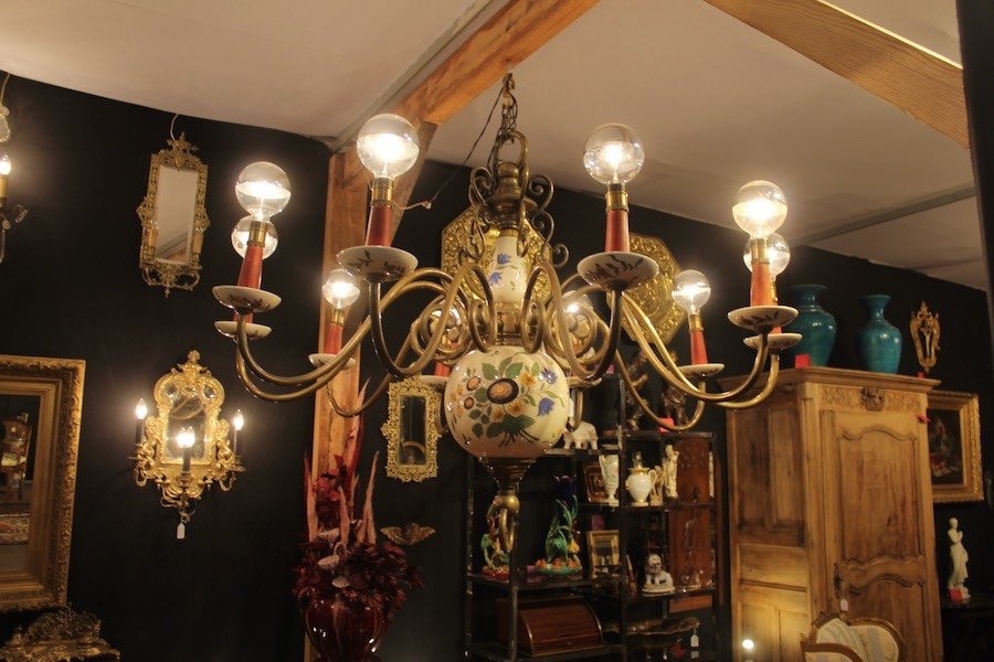 Important Dutch Chandelier In Bronze And Earthenware With 10 Arms Of Light-photo-6