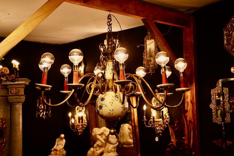 Important Dutch Chandelier In Bronze And Earthenware With 10 Arms Of Light-photo-7