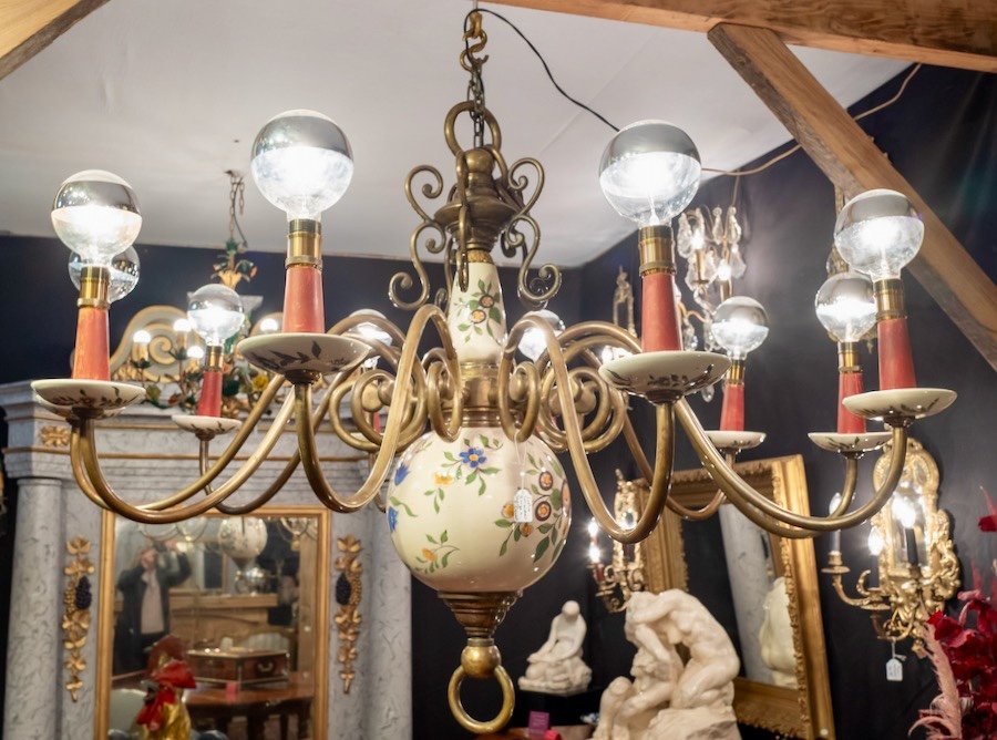 Important Dutch Chandelier In Bronze And Earthenware With 10 Arms Of Light