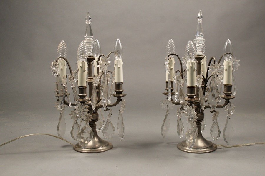 Pair Of Crystal And Nickel-plated Bronze Girandoles-photo-3