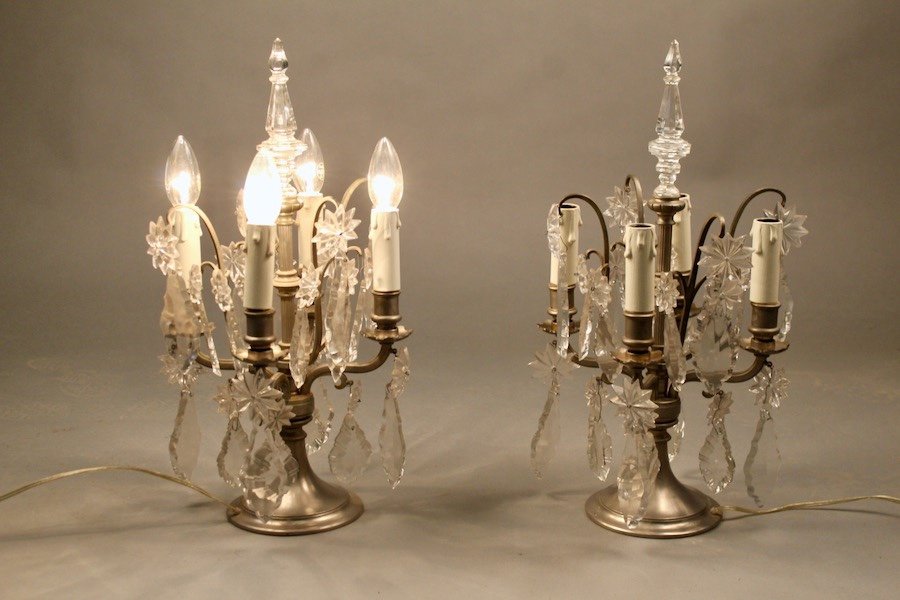 Pair Of Crystal And Nickel-plated Bronze Girandoles-photo-1